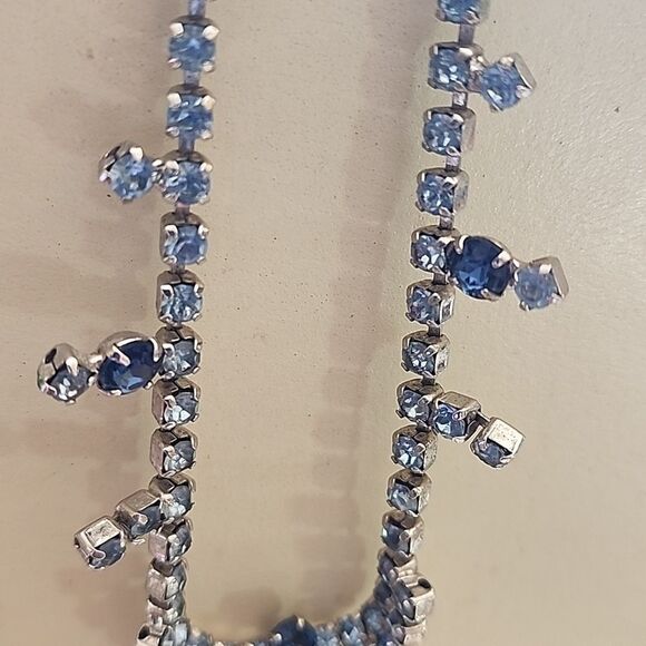 Vintage Ice & Cobalt Blue Rhinestone Necklace & Earrings on Silver Tone Setting - Picture 8 of 16
